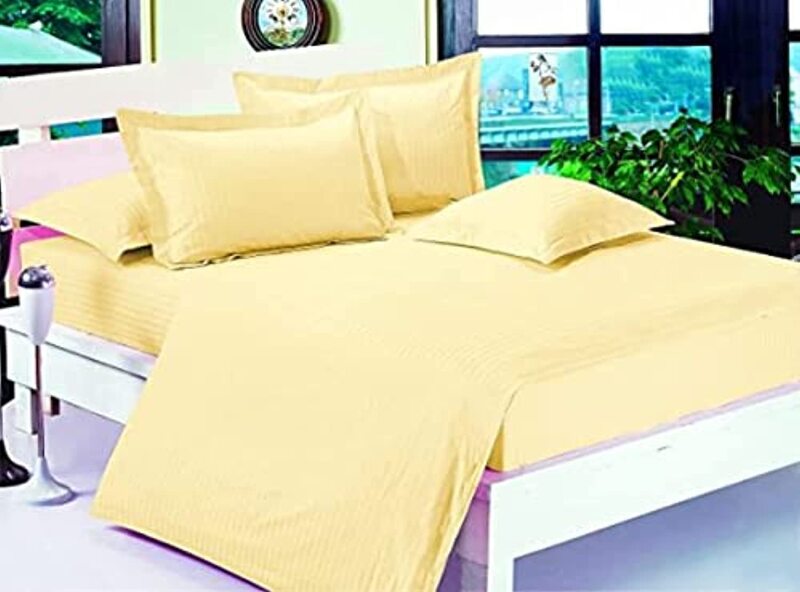umeema Soft Cotton Striped Duvet Cover Set, Fitted Bedsheet with Pillowcases, 6 Pieces, King Size ( Yellow 220x240cm)